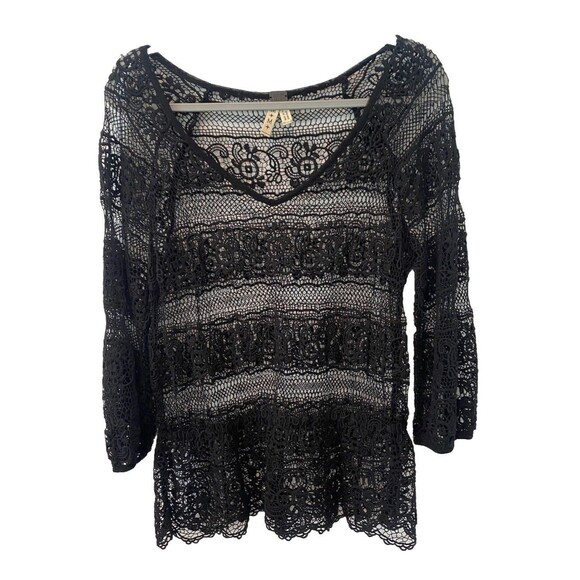 We the Free Black Lace Top Long Sleeve V Neck Goth Romantic Sheer Size M - Picture 1 of 4